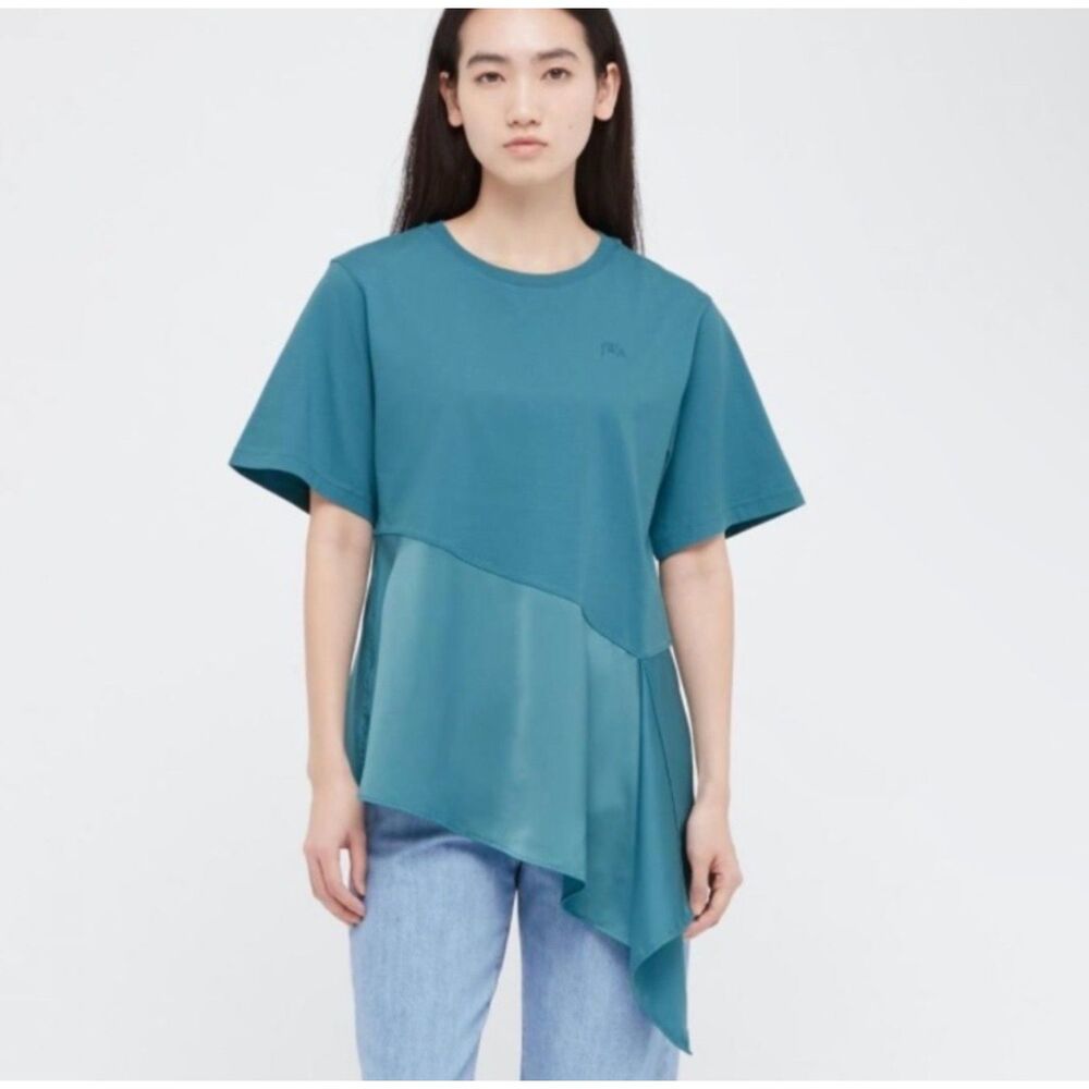 JW Anderson Uniqlo Flared Hem Asymmetrical Short Sleeve Top Size Large Teal Blue